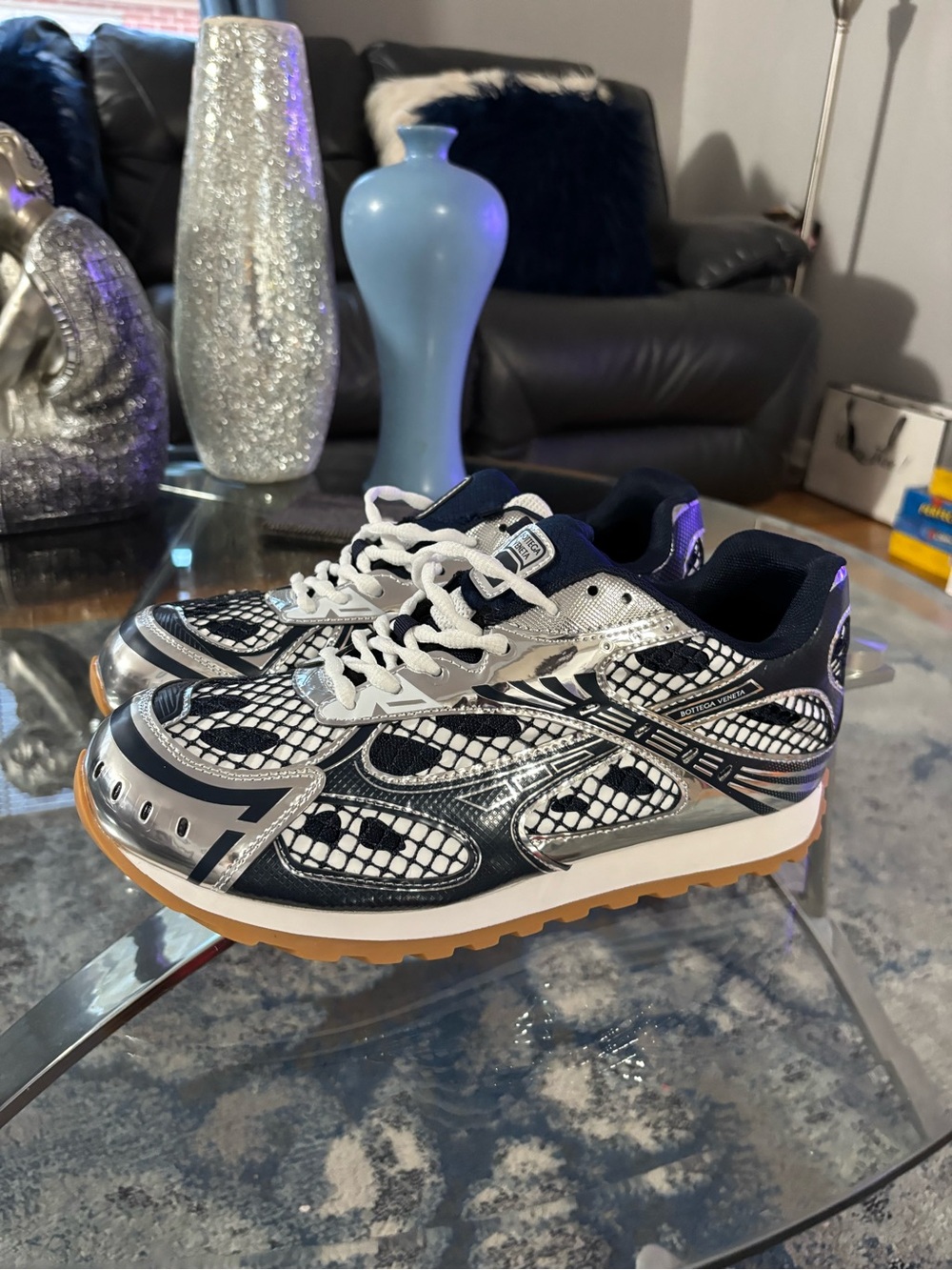 Bottega Veneta Navy Blue and Silver Sneaker